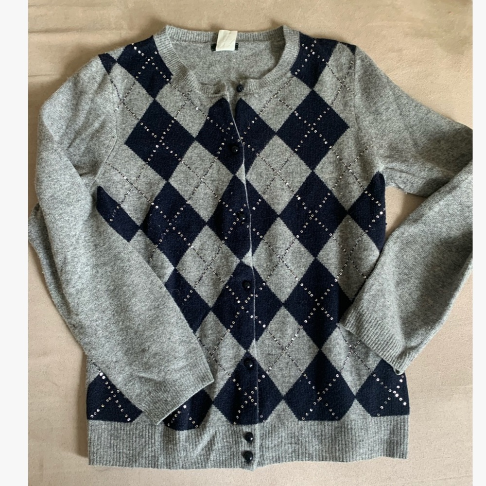 J Crew Wool Cashmere Sparkle Argyle Button Sweater